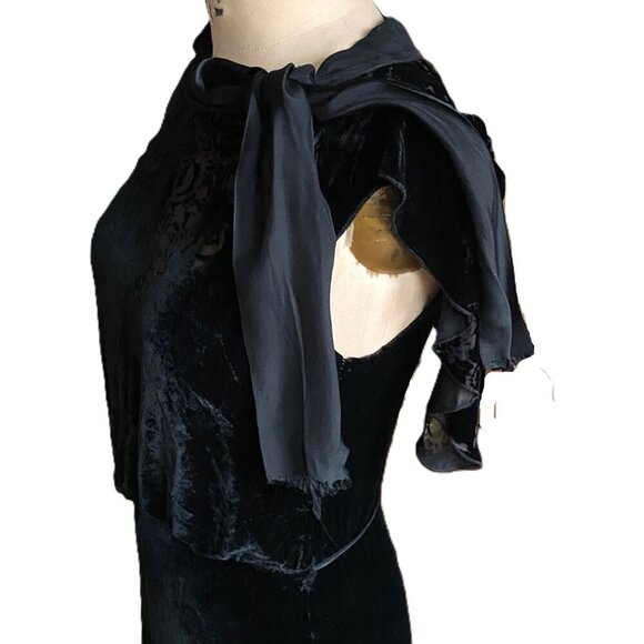 Vintage burnt velvet black midi frilly dress with flowy sleeves - Picture 5 of 16